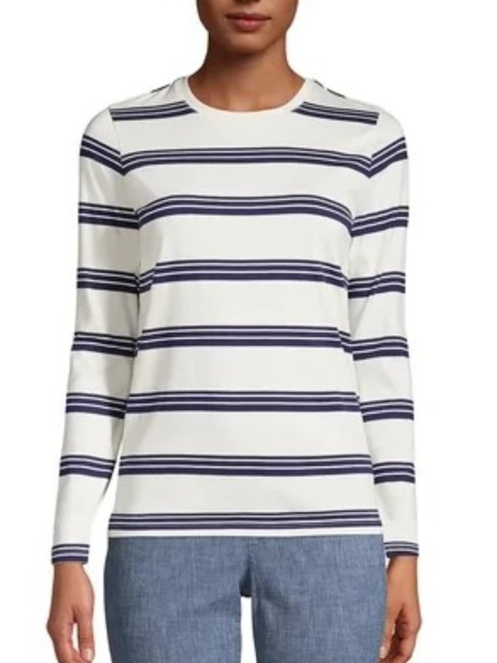 NWT Lands End 1X Supima Cotton Long Sleeve Crewneck Top Ivory Founders Stripe